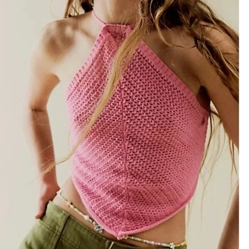 Free People FP Beach June Faux Sweater Halter Top Pink Crochet